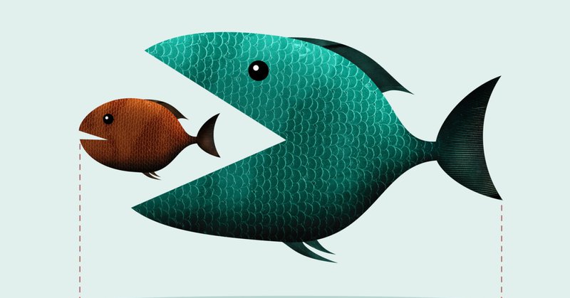 Big fish eats small, takeover of the company. Art collage.