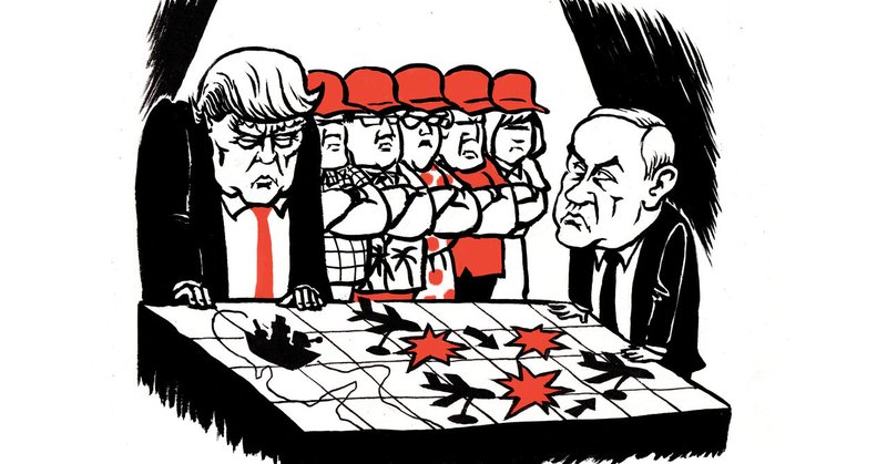 Cartoon of Donald Trump and Vladimir Putin facing each other over a map marked with bombs and explosions, while a line of supporters stands behind Trump.