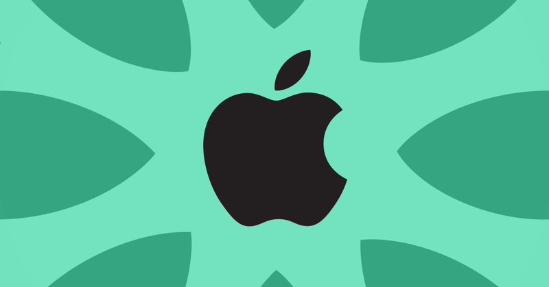Green backdrop, black apple logo, apple leaves surrounding