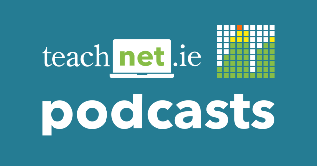 Teachnet.ie Podcasts logo with text and a graphic of a green and yellow bar chart on a teal background.