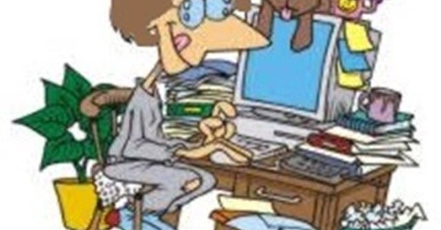 Caracature of a woman typing on a keyboard at a very messy desk. Text: Writer's Corner with Kaye Lynne Booth