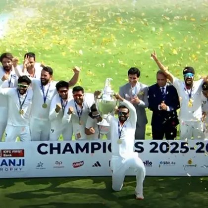 Jammu Kashmir cricket team with the Ranji Trophy after winning it at Hubbali on February 28, 2026