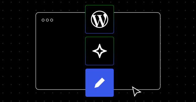 The WordPress.com logo, AI sparkle logo, and a pencil icon on top of a mocked up computer screen on a black background