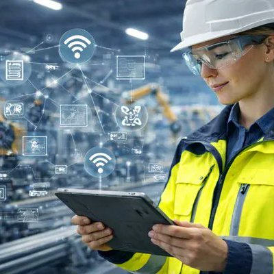 Female technician using a tablet on the shop floor to review a connected worker platform while inspecting industrial equipment in a manufacturing facility