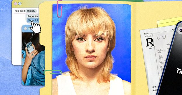 An illustration showing a picture of a woman in folder with other private information and a web browser behind it (Credit: Serenity Strull/BBC)