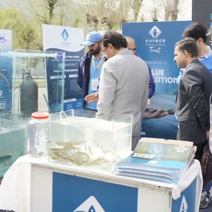 Khyber Aquaculture executives explain the Rs 47-crore Khyber Himalayan Trout project to dignitaries during the National Conference on Cold Water Fisheries in Srinagar on March 14, 2026.