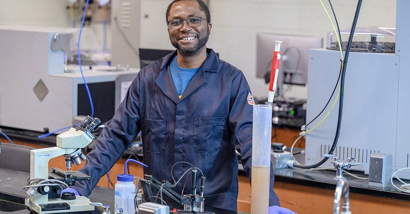 Samuel Haruna, associate professor of soil science in the School of Agriculture at Middle Tennessee State University in Murfreesboro, Tenn., stands in his lab at the Stark Agribusiness and Agriscience Center on campus. Haruna has been named the 2026 recipient of the prestigious John Pleas Faculty Award, recognizing his excellence in teaching, research and service. (MTSU photo by J. Intintoli)