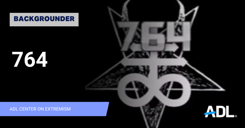 The logo for 764 in gray text over the Leviathan Cross, also known as Satan's Cross.