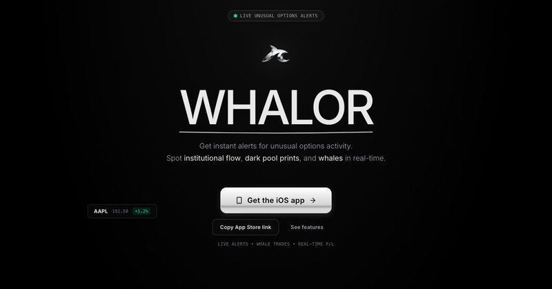 Whalor homepage showing live unusual options alerts and the iOS app call to action