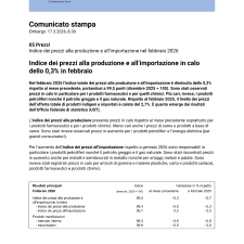 Indice dei prezzi alla produzione e all'importazione in calo dello 0,3% in febbraio - Indice dei prezzi alla produzione e all'importazione nel febbraio 2026 | Comunicato stampa