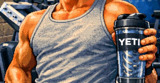 1990s arcade-style pixel art of muscular man with curly copper-brown hair and blue eyes standing in a gym, wearing a gray tank top and red shorts, holding a YETI shaker bottle in a Street Fighter II-inspired art style.