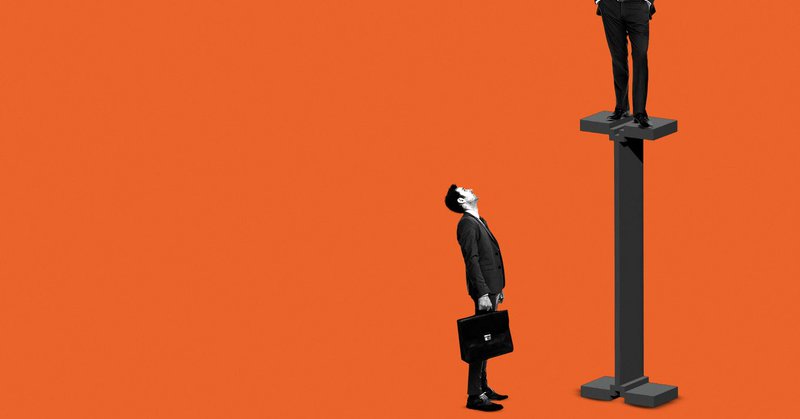 Illustration of a business person looking up at another person who is standing atop a giant 3D text cursor.