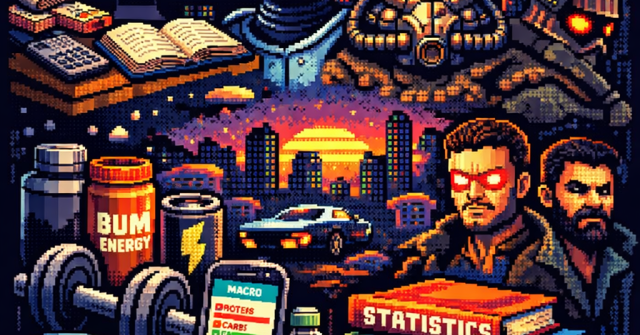 Pixel art collage blending quantitative finance, fitness, and cyberpunk culture, featuring stock charts, equations, RoboCop-inspired figure, dystopian skyline, gym equipment, supplements, and stacked books labeled statistics, data science, and algorithms.