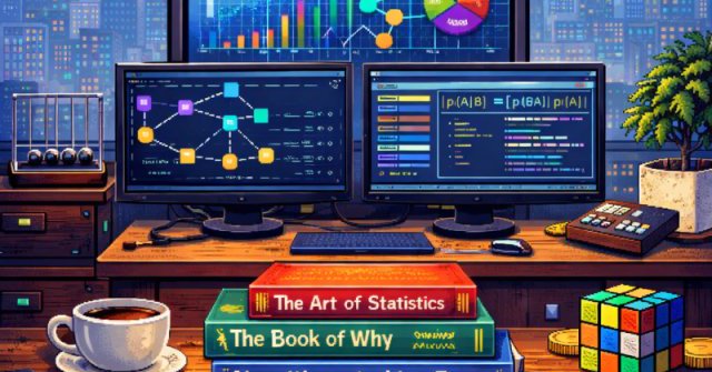 16-bit pixel art illustration of a decision science workspace with books, charts, Bayesian network diagrams, and statistical models displayed on computer screens, symbolizing analytics, probability, and quantitative decision-making.
