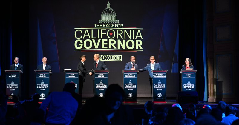 An earlier governor debate in San Francisco featured seven candidates, including the four entrants who were going to be excluded from a debate in Los Angeles on Tuesday.