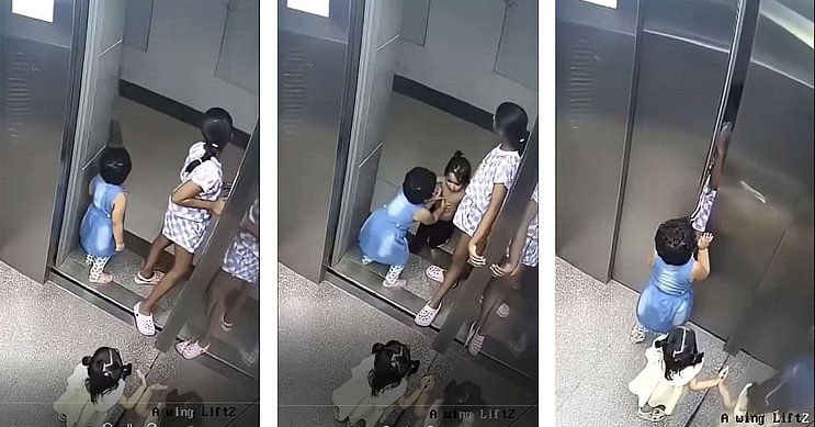 Faulty Lift Fails To Open, Little Girl Blocks Doors With Her Body