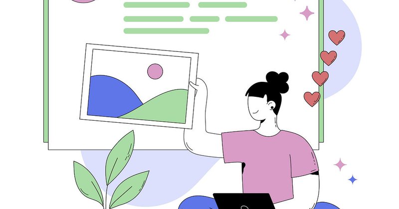 Ilustração de uma pessoa usando um notebook e segurando uma imagem. Ao lado temos uma planta. Ao fundo uma tela de perfil de um site.