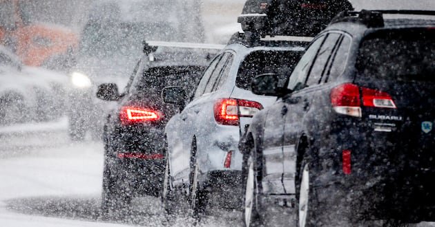 Traffic queues as drivers make their way into Big Cottonwood Canyon along State Route 190 in Cottonwood Heights on Wednesday, Feb. 18, 2026.