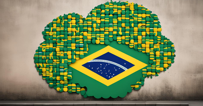 Image created with the Runway ML text-to-image generative model, using a prompt that requested several Brazilian flags in the shape of the cloud computing icon, rendered in an artistic style.