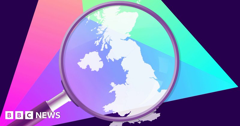 A graphic showing a magnifying glass looking at a map of the United Kingdom. In the background is a multicoloured triangle.