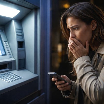Bancomat, la truffa del filo invisibile che ti ruba la carta - una donna si porta la mano alla bocca, con l'altra tiene un cellulare ed è di fronte ad un bancomat per ritirare dei soldi - immagine generata con IA