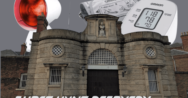 Image of Shrewsbury Prison main entrance old building heritage building. Image of heat lamp and blood pressure monitor from Currys affiliated with SpookyMrsGreen.com.