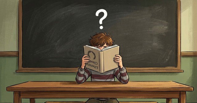 Illustration of a middle school student at a table in front of a blackboard in a classroom. He's holding up a book in front of his face, trying to read it, but he's confused, and the book is upside down, meaning he can't read, representing the discussion on the Gen Alpha literacy crisis.