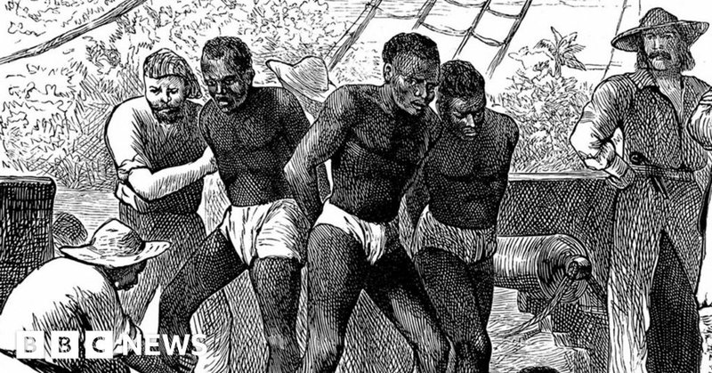 A black and white sketch of three slaves being restrained
