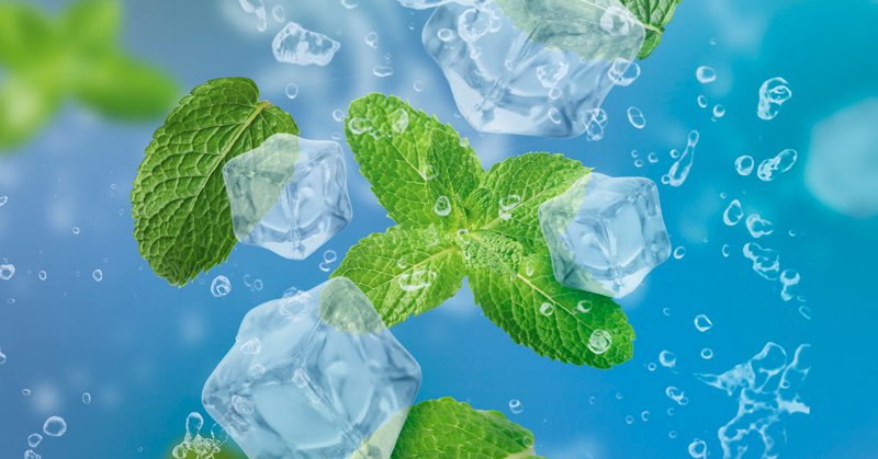 Mint leaves, ice cubes and splashing water on blue gradient background