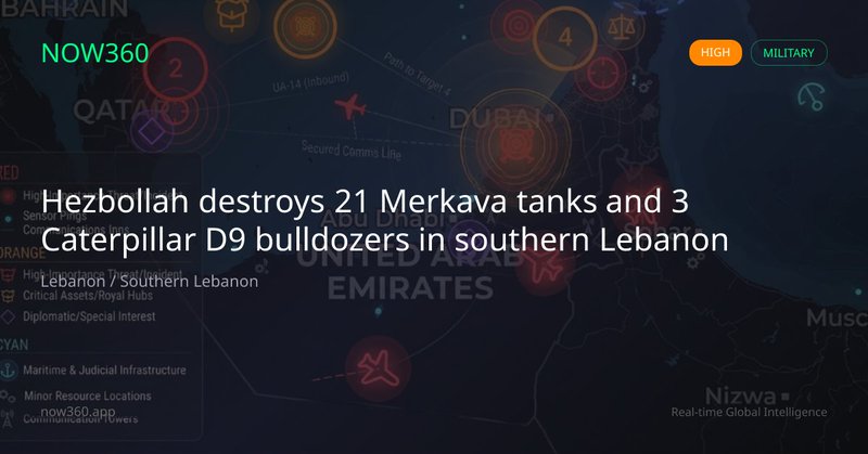 Hezbollah destroys 21 Merkava tanks and 3 Caterpillar D9 bulldozers in southern Lebanon