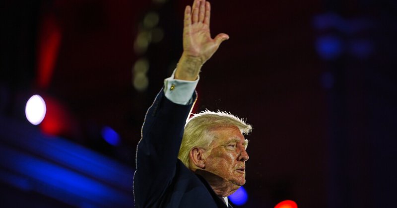 President Donald Trump waves after speaking at the National Republican Congressional Committee's (NRCC) annual fundraising dinner, Wednesday, March 25, 2026, at Union Station in Washington. (AP Photo/Julia Demaree Nikhinson)