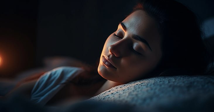 Young woman resting comfortably in dark bedroom generated