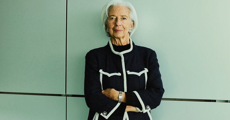 A portrait of Christine Lagarde, head of the ECB, wearing a black and white suit