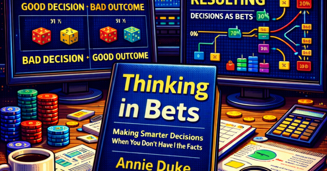16-bit pixel art of a decision-making workspace at night featuring the book Thinking in Bets, with poker chips, cards, charts, and a calculator on a desk, while dual monitors display decision trees, probabilities, and “good decision vs bad outcome” visuals against a neon city skyline.