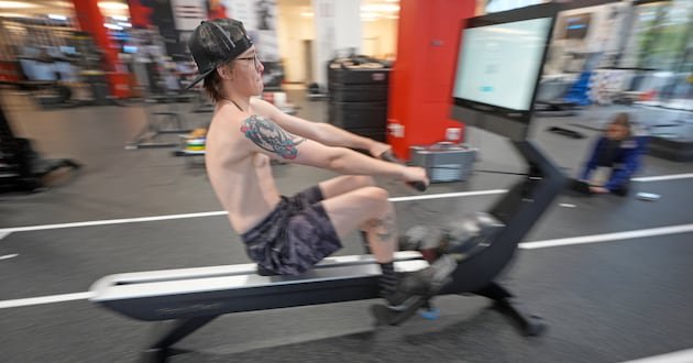 Freestyle skier Jay Riccomini trains at the U.S. Ski & Snowboard Center of Excellence on May 20, 2024, in Park City, Utah. Riccomini competes in the women's events at World Cup events as a transgender male. He's holding off on taking testosterone until his skiing career is finished.
