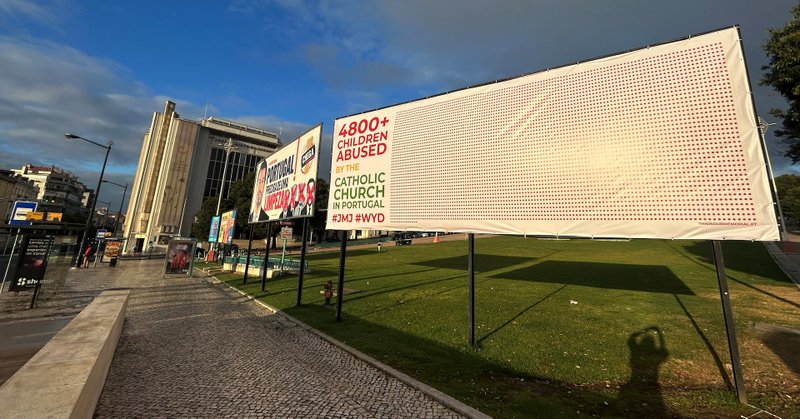 A billboard denounces child sexual abuse by members of the Portuguese Catholic church during the XXXVII World Youth Day celebrations in Lisbon, Portugal, August 2, 2023. REUTERS/Catarina Demony/File Photo