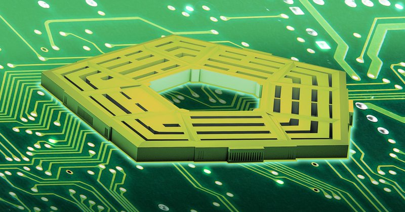 Illustration of the Pentagon Building as the center of a computer circuit board