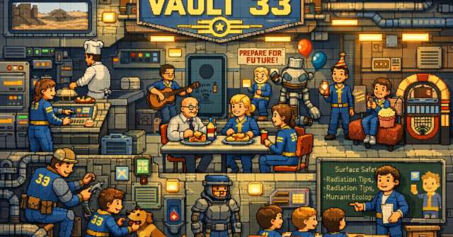 Pixel art scene of life inside Vault 33 from Fallout, showing Vault Dwellers in blue-and-yellow jumpsuits eating, working, learning, and socializing under a bright “WELCOME TO VAULT 33” sign.