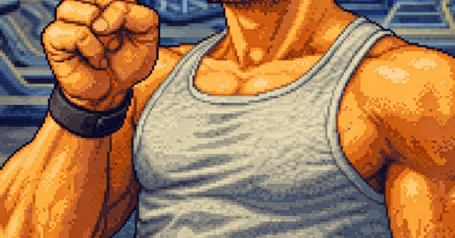 Pixel art illustration of a muscular man with copper-brown curly hair wearing Apple AirPods, a gray tank top, and red workout shorts, standing in a gym and flashing a peace sign, styled like a 1990s fighting game.