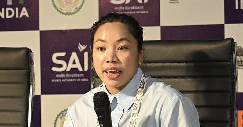 Mirabai Chanu speaking at a press conference in Raipur