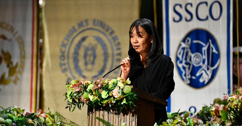 Nobel laureate in literature Han Kang speaks during the Nobel Banquet in City Hall in Stockholm, Dec. 10, 2024. (Christine Olsson/TT News Agency via AP, File)