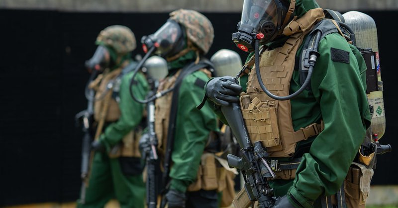 US Marines training for chemical, biological, radiological or nuclear warfare, which they could face in Iran. US Marine Corps