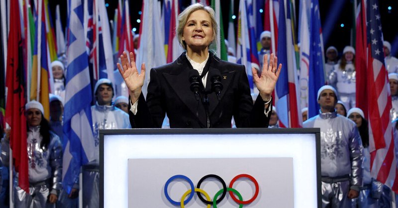 IOC President Kirsty Coventry speaks during the Olympic opening ceremony at the 2026 Winter Olympics, in Milan, Italy, Friday, Feb. 6, 2026. (Yves Herman/Pool Photo via AP, File)