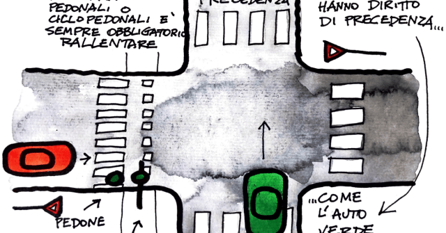 Pedone e ciclista su attraversamento ciclopedonale; auto rossa in arrivo; auto verde con la precedenza