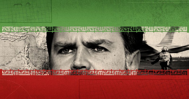 Photo illustration of Vice President JD Vance with images including a vintage map the Persian Gulf, a sailor signaling the launch of an F/A-18E Super Hornet aircraft, and the Iranian flag