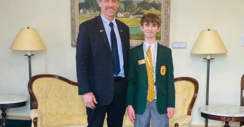 Legislative page Dean Roy is pictured with Vermont Lieutenant Governor John Rodgers on Friday, February 14, 2025, in Montpelier, Vermont. (Chessie Roy via AP)