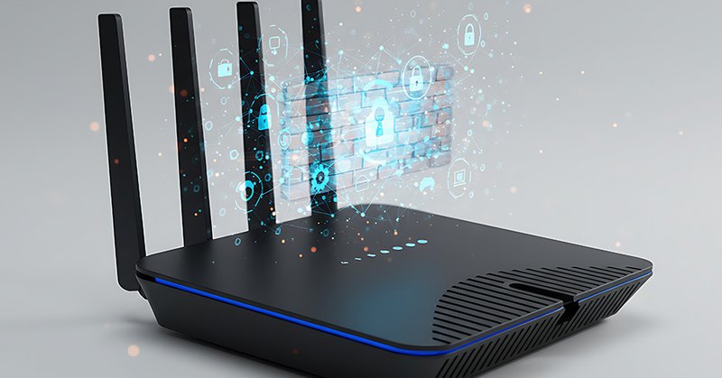 Smart home router glowing with firewall hologram
