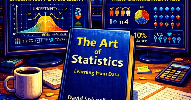 16-bit pixel art of a statistics workspace at night featuring The Art of Statistics book on a desk, with dual monitors displaying uncertainty distributions and risk communication visuals, alongside charts, notes, a calculator, dice, and a magnifying glass, set against a neon-lit city skyline.