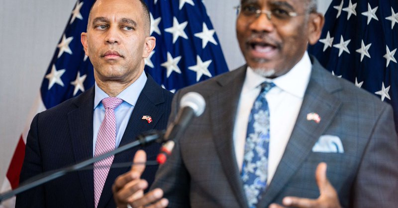 House Minority Leader Hakeem Jeffries (L) and Rep. Gregory W. Meeks address a press conference in Copenhagen, Denmark, on April 25, 2025.