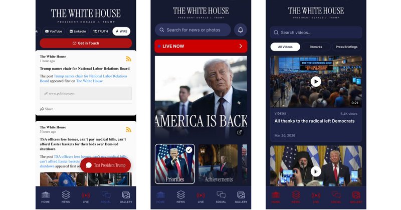 Screenshots of the iOS version of the official White House app